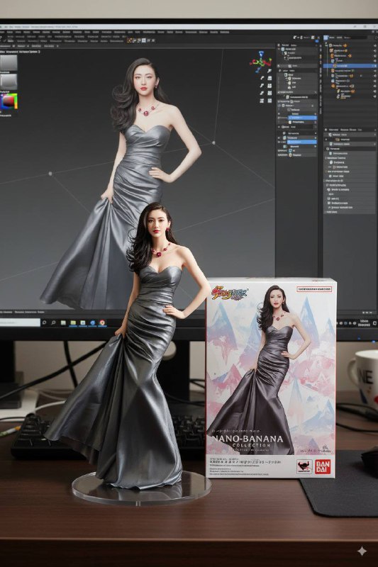 Google gemini 2.5新出的Nano-Banana模型，手办效果炸裂！爱豆、动漫角色...配合3D打印机…提示词：Use the nano-banana model to create a 1/7 scale commercialized figure of thecharacter in the illustration, in a realistic style and environment. Place the figure on a computer desk, using a circular transparent acrylic base without any text.On the computer screen, display the ZBrush modeling process of the figure. Next to the computer screen, place a BANDAI-style toy packaging box printed with the original artwork.Google Gemini：