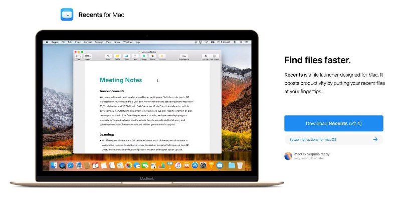 Recents 一款专为Mac设计的文件启动器，能快速找到并打开最近使用的文件，提高工作效率；自动从各类应用（如 Keynote、Pages、Sketch、Xcode、Word、Excel等） 收集并智能分类最近文件；操作也很简单，适用于大多数常用应用🌐 官网：recentsapp.com
